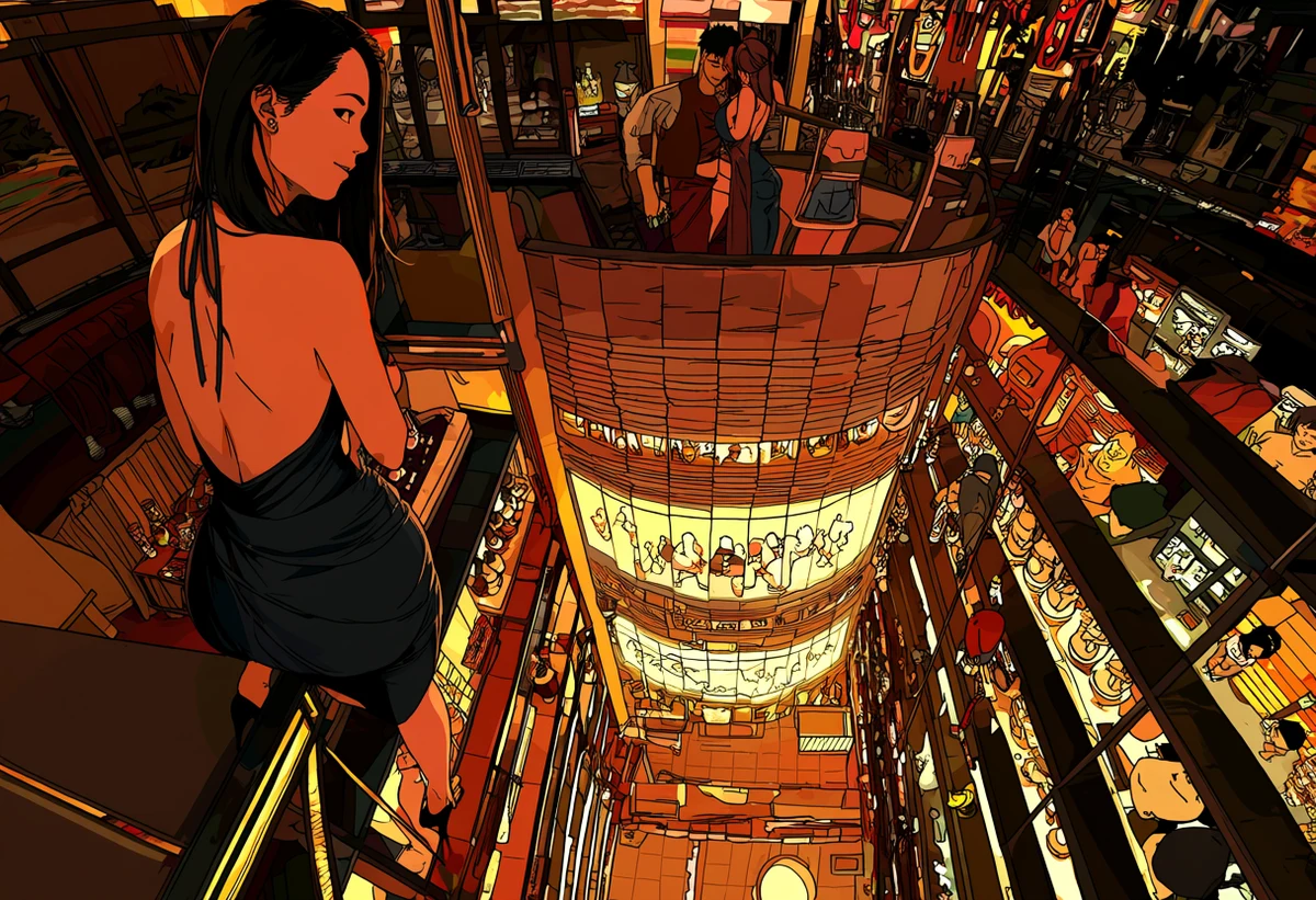 a Thai adult woman age 34 in a backless dress with her adult partner on a closed rooftop bar, the Bangkok grid below, warm amber uplight, explicit adult illustration