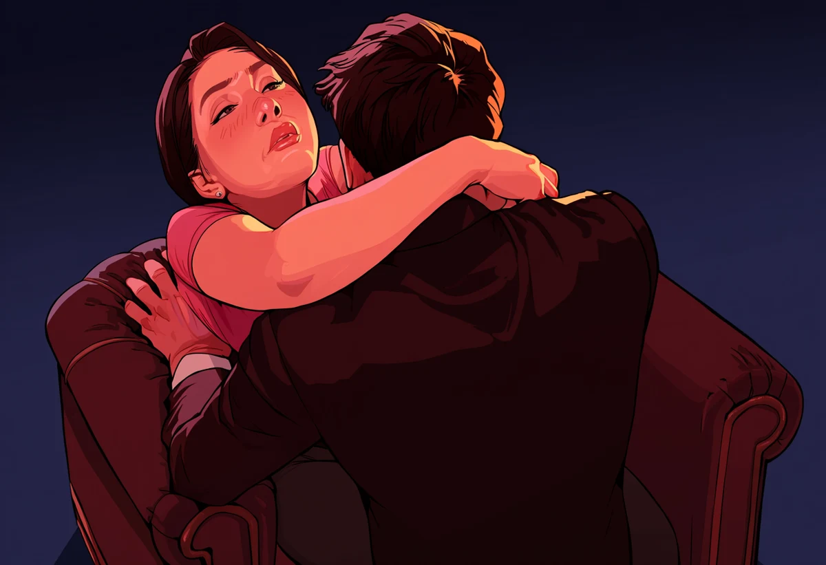 an adult woman age 33 astride her adult partner in a wide armchair, explicit contact, her hands on the chair back, tungsten glow, explicit adult manhwa art style