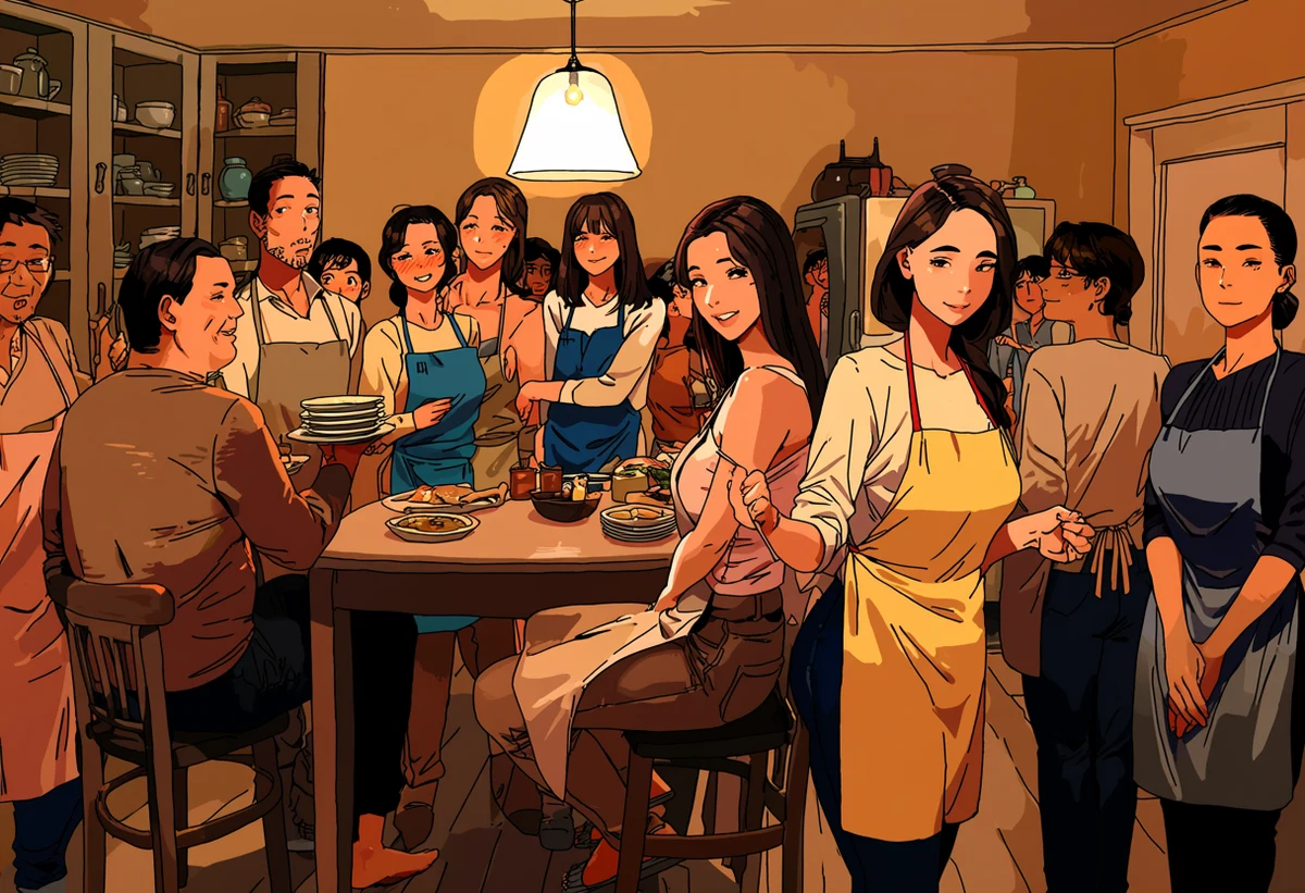 a married adult couple age 38 and 36 in a kitchen after dinner, dishes left, an apron string pulled loose, warm pendant light, explicit adult manhwa art style