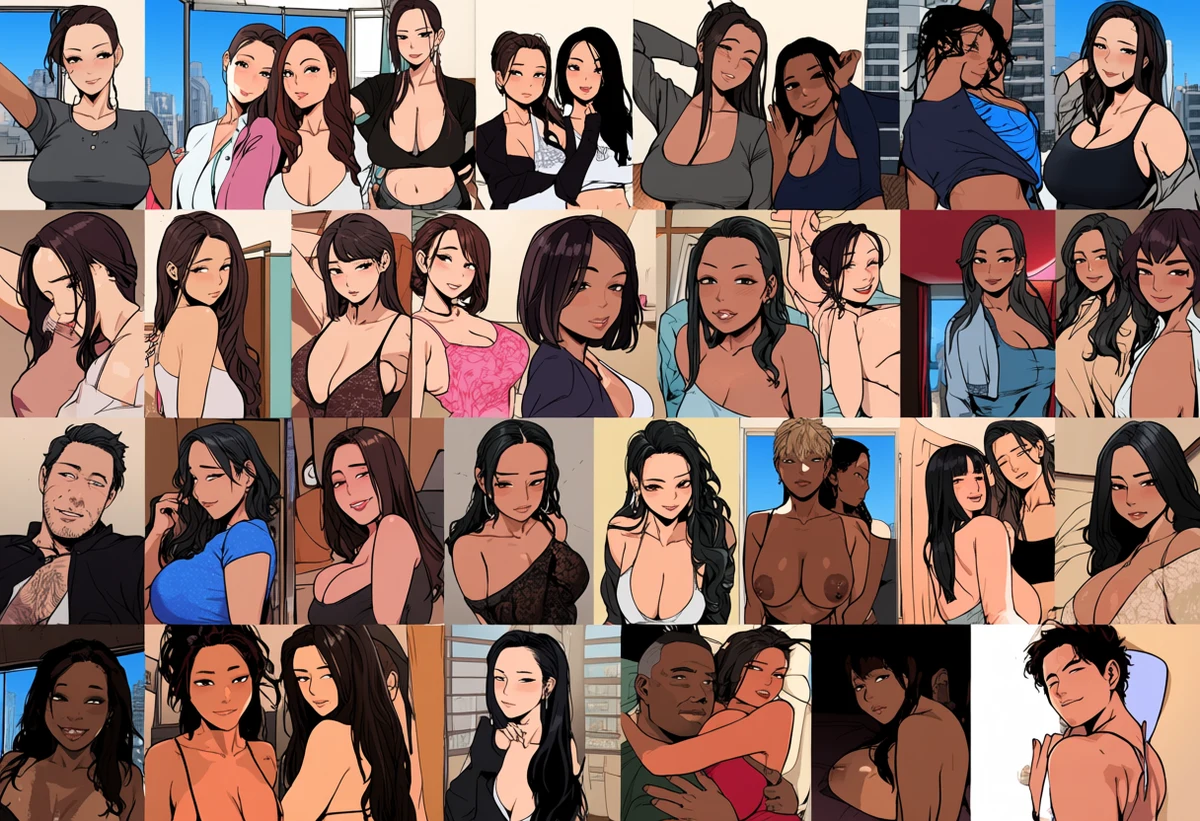 an interracial adult couple age 32 and 35, an east asian adult woman and a black adult man, undressing in a loft at blue hour, city windows, explicit adult manhwa art style