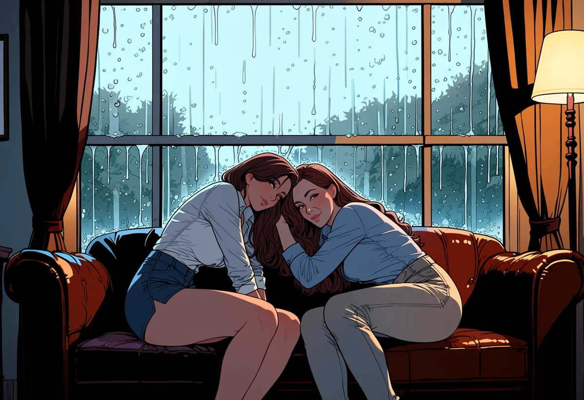 two adult women age 31 and 34 curled together on a window seat as rain streaks the glass, a blouse unbuttoned, grey daylight and one warm lamp, explicit lesbian adult manhwa art style