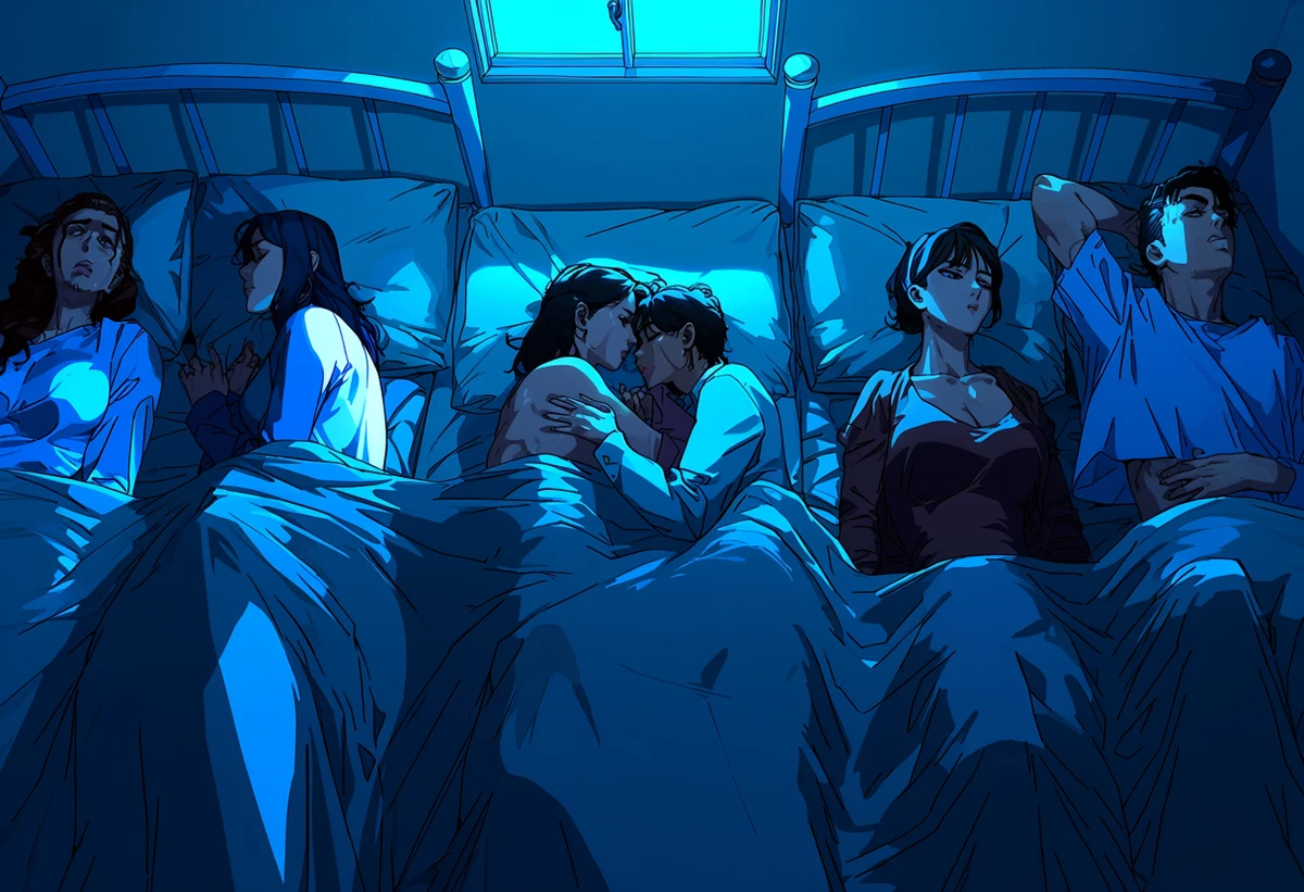 an adult couple age 36 and 38 at opposite ends of a bed after an argument, one dressed and one not, cold blue window light, heavy silence, adult drama manhwa art style