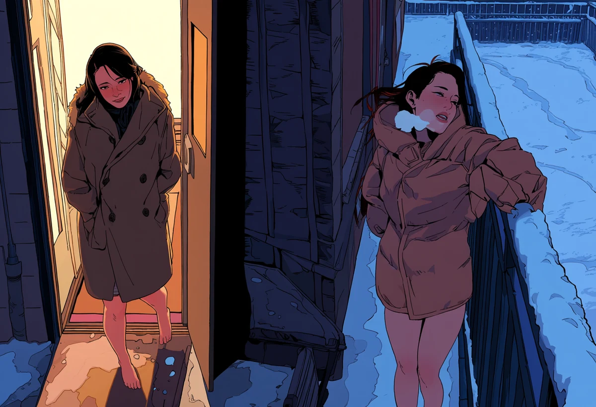 an adult woman age 35 wrapped in her adult partner's coat on a snowy balcony, bare legs, breath in the cold, warm interior light behind her, adult manhwa art style